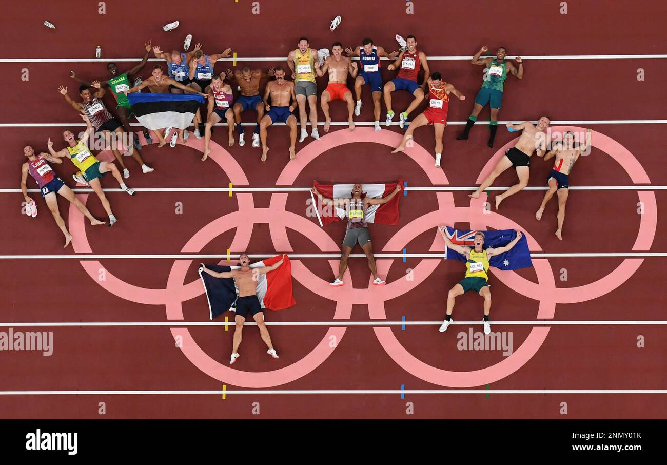 The athletes from the men's decathlon pose for a photo on the Olympic