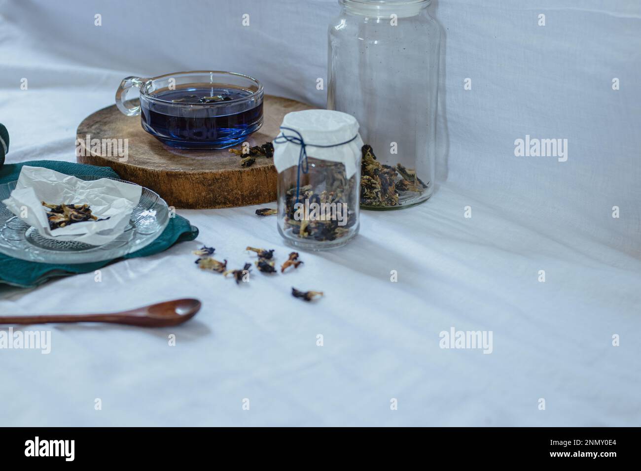 Healthy herbal butterfly pea tea showing the candid moments of home life, slow living and spring aesthetic Stock Photo