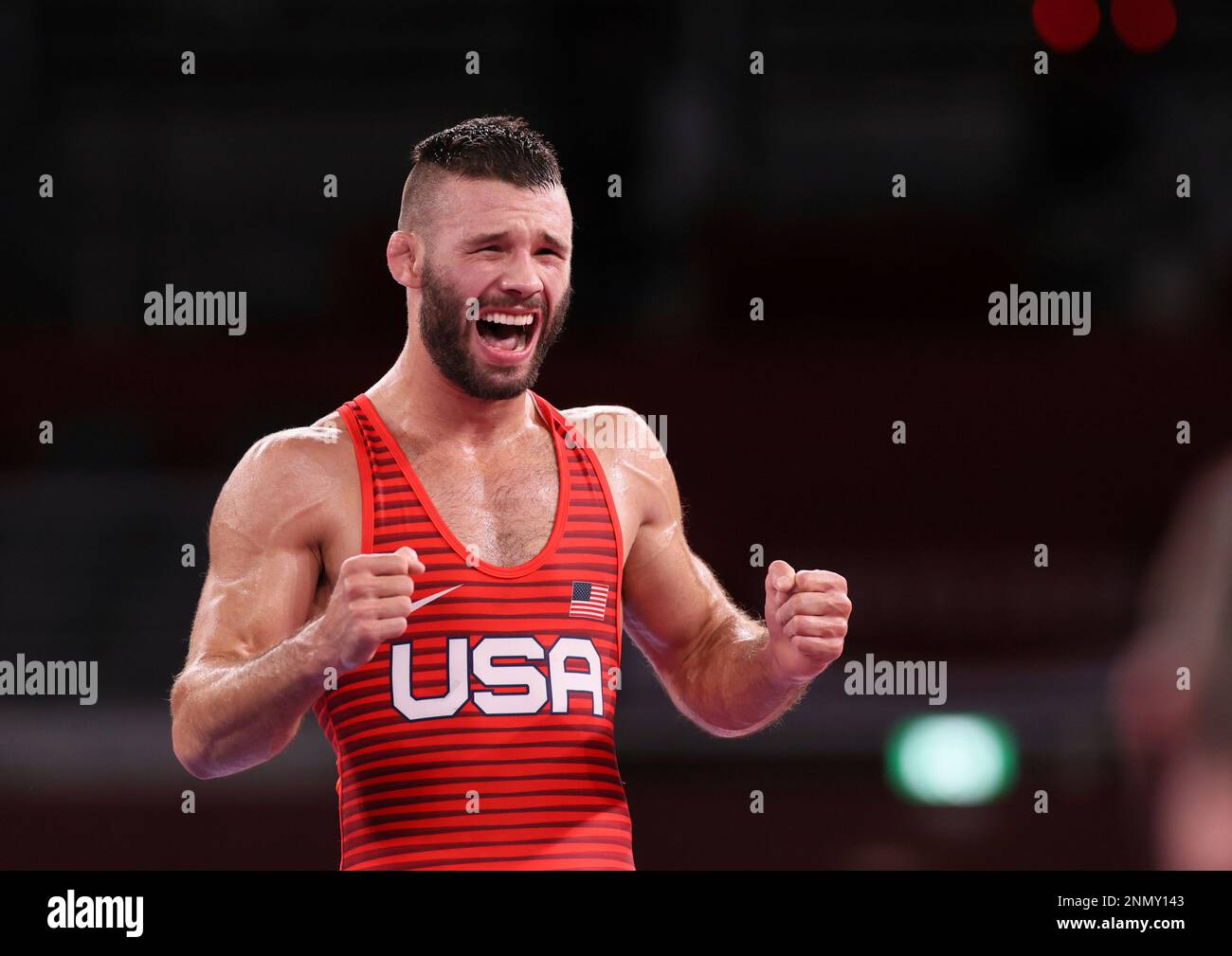 USA's GILMAN Thomas Patrick reacts after winning the Wrestling Men's