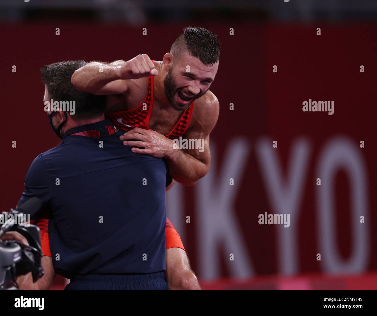 USA's GILMAN Thomas Patrick reacts after winning the Wrestling Men's