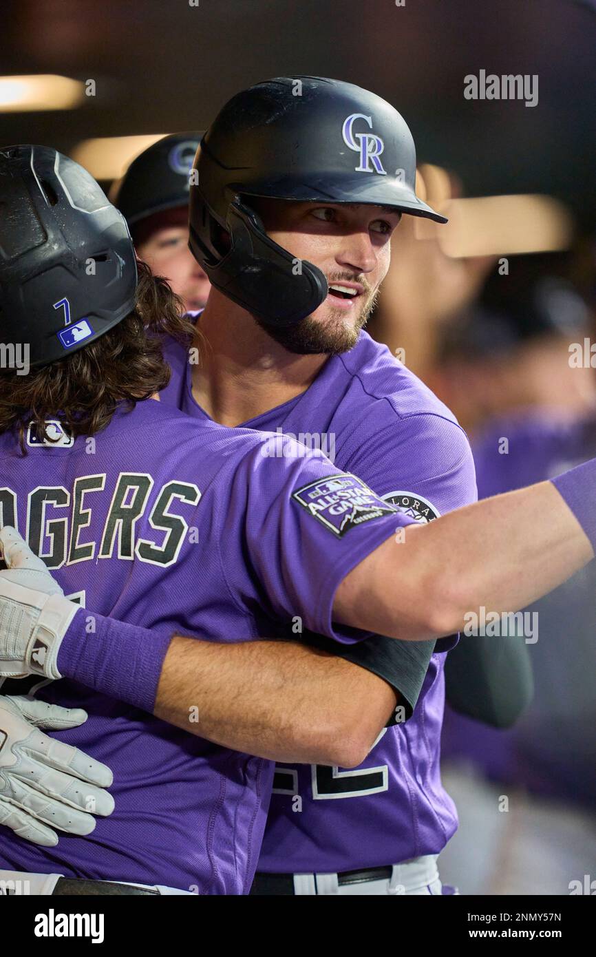 August 3 2021: Colorado Rockies outfielder Connor Joe (9) before the game  with the Chicago Cubs and the Colorado Rockies held at Coors Field in  Denver Co. David Seelig/Cal Sport Medi(Credit Image