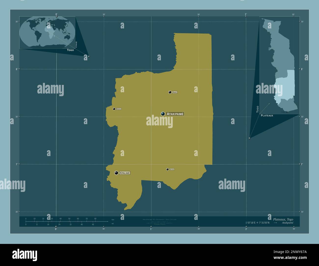 Plateaux, region of Togo. Solid color shape. Locations and names of major cities of the region. Corner auxiliary location maps Stock Photo