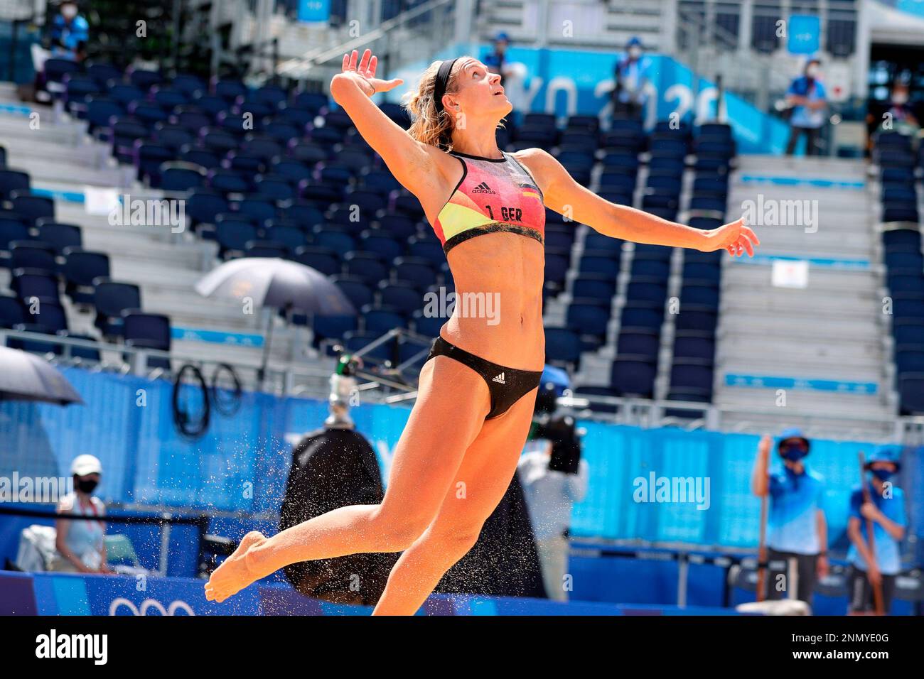 TOKYO, JAPAN - AUGUST 03: Laura Ludwig of Team Germany serves during the  Women's Beach Volleyball Quarterfinal match between Germany and USA on Day  11 of the Tokyo 2020 Olympic Games at
