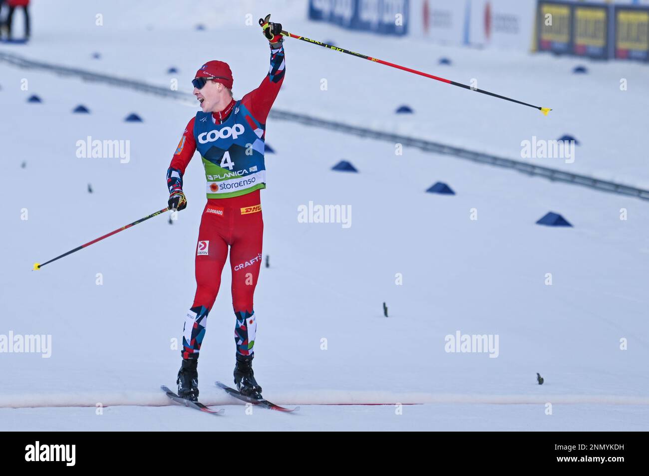 Norway's Simen Hegstad Krueger after crossing the finish line to win