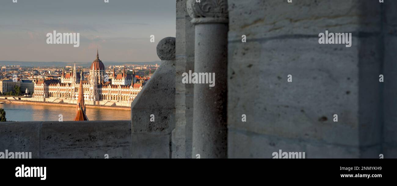 Hungarian Parliament building view from Fishermen's Bastion at sunset Stock Photo