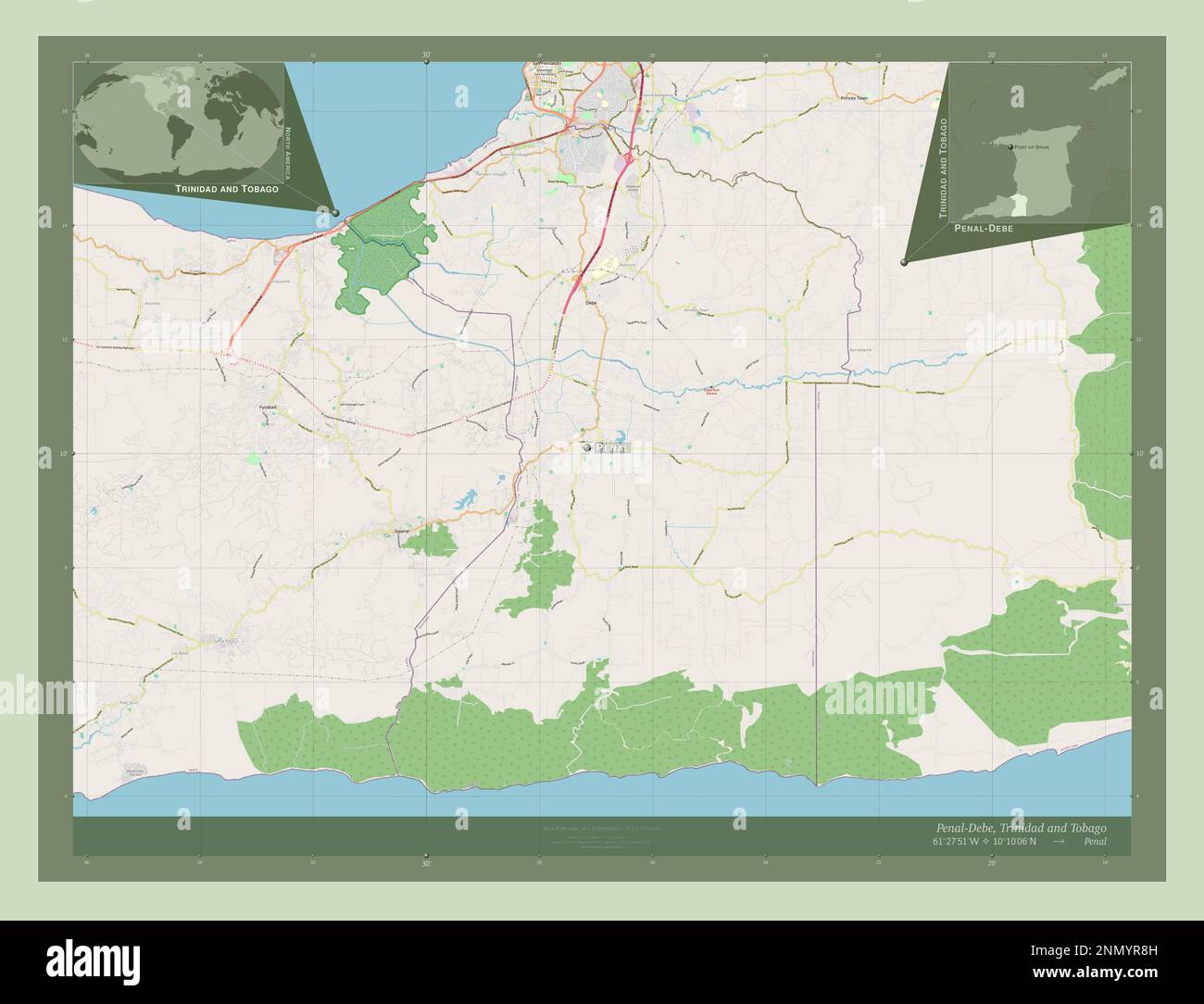 PenalDebe, region of Trinidad and Tobago. Open Street Map. Locations and names of major cities
