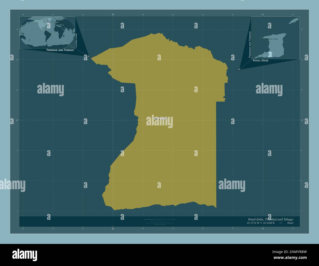 PenalDebe, region of Trinidad and Tobago. Solid color shape. Locations and names of major
