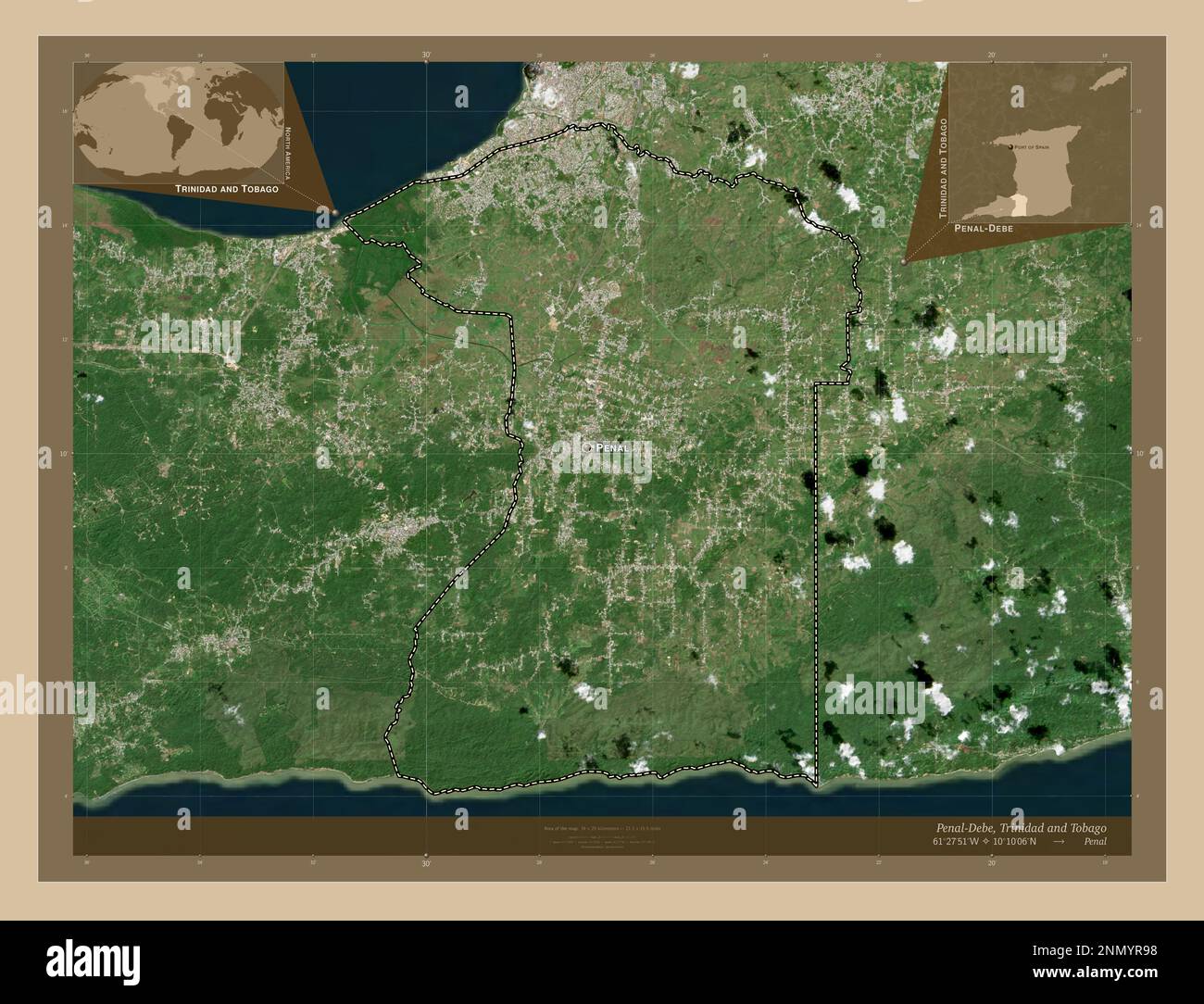 PenalDebe, region of Trinidad and Tobago. Low resolution satellite map. Locations and names of