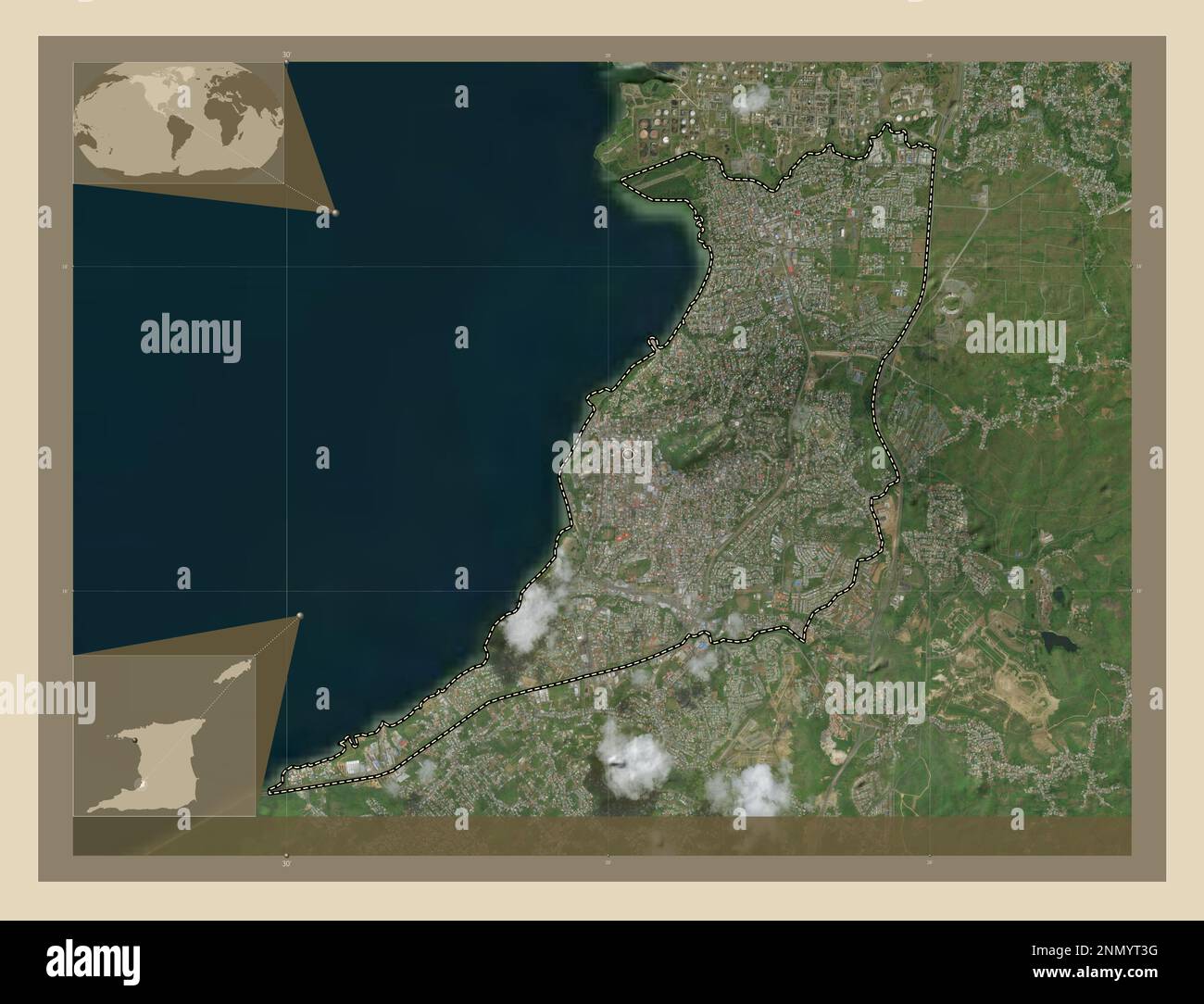San Fernando, city of Trinidad and Tobago. High resolution satellite map. Corner auxiliary location maps Stock Photo