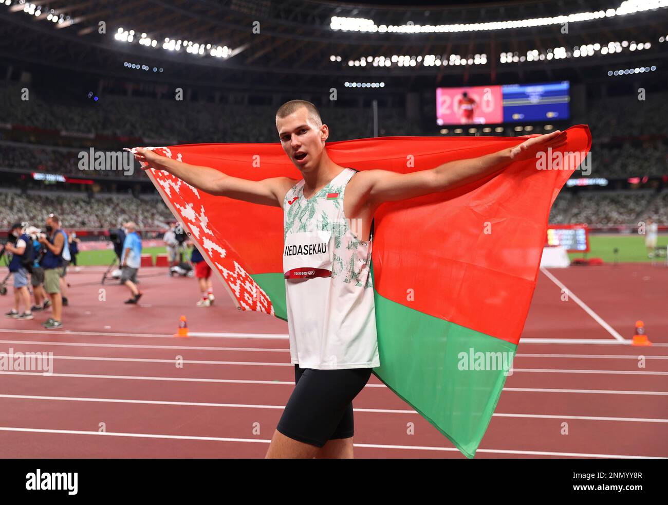 Bronze medalist Maksim Nedasekau of Belarus celebrates on the track ...