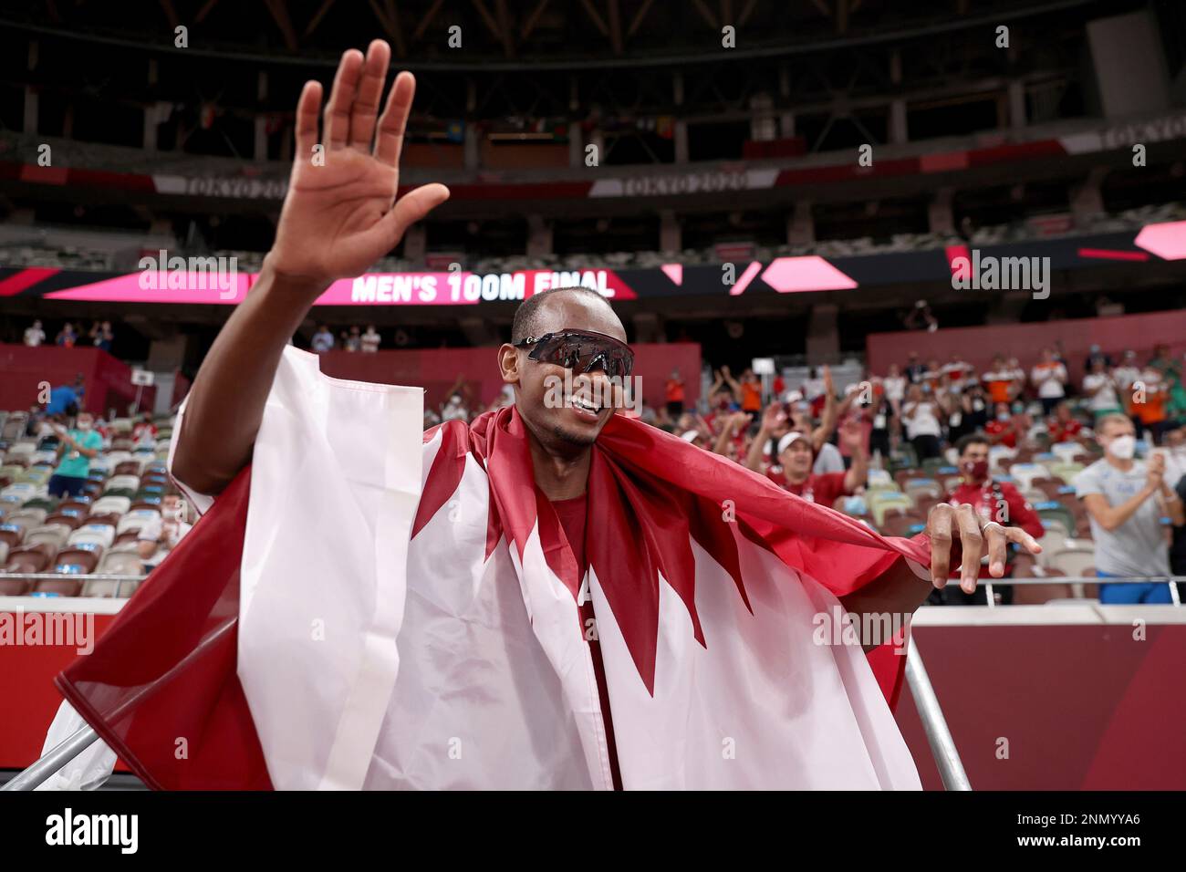 Gold medalist Mutaz Barshim of Qatar celebrates on the track after ...