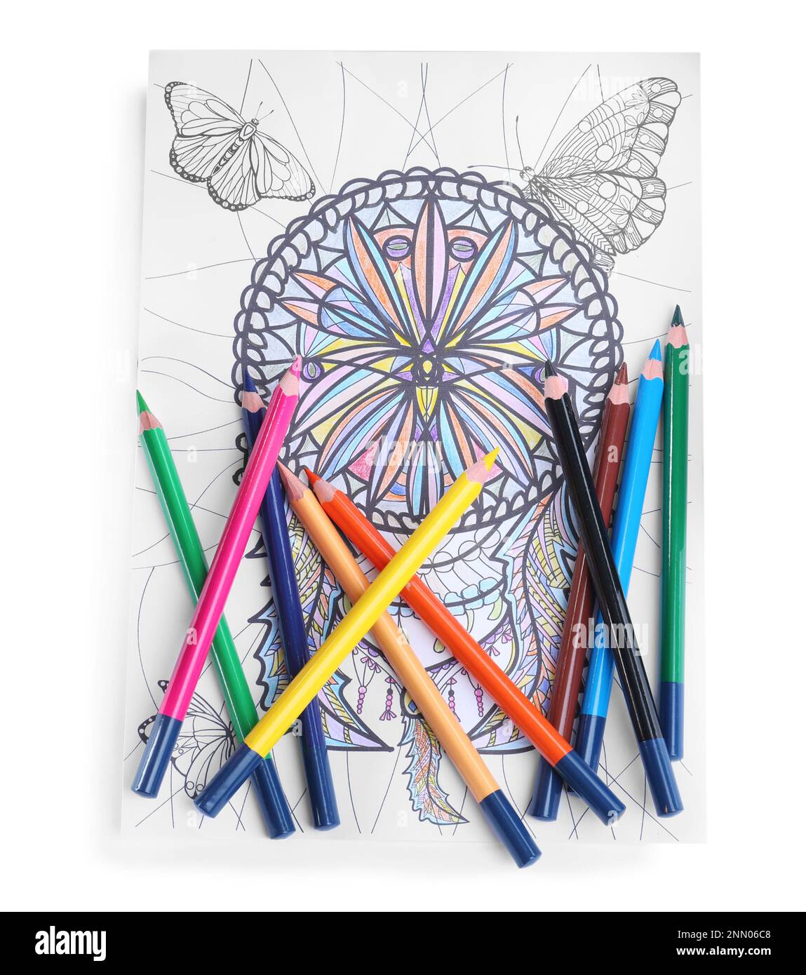 Antistress coloring page and pencils on white background, top view Stock Photo