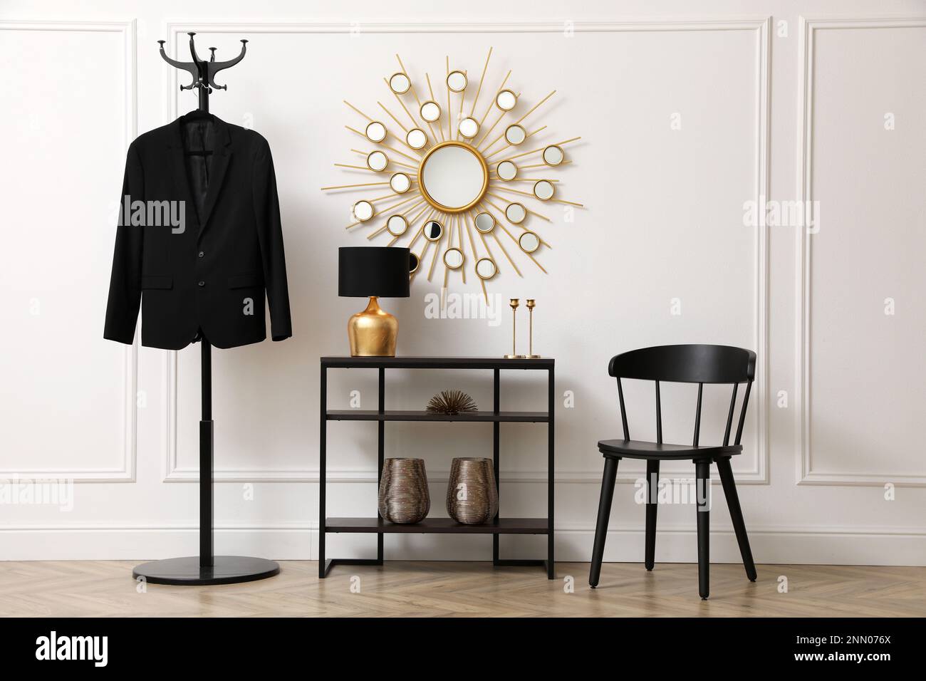 Hallway interior with console table near white wall Stock Photo - Alamy
