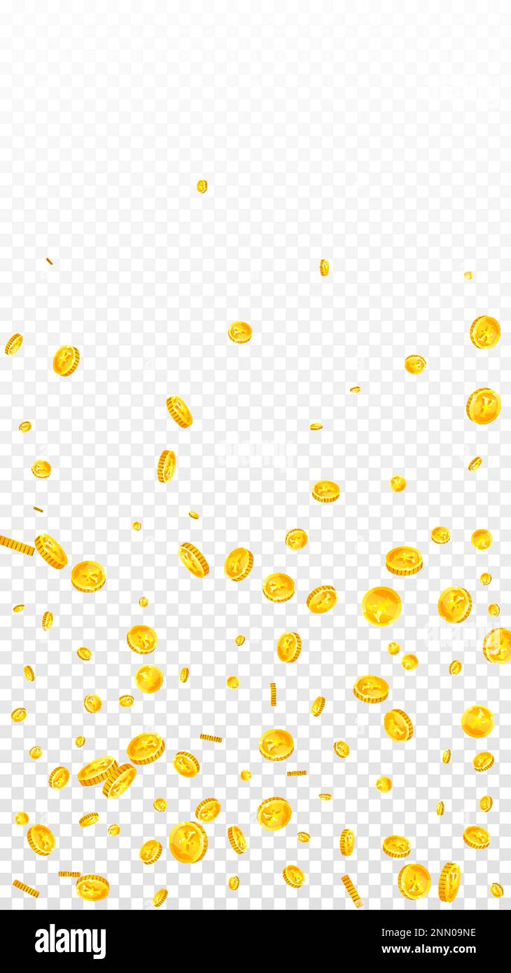 Japanese yen coins falling. Scattered gold JPY coins. Japan money. Global financial crisis concept. Vector illustration. Stock Vector