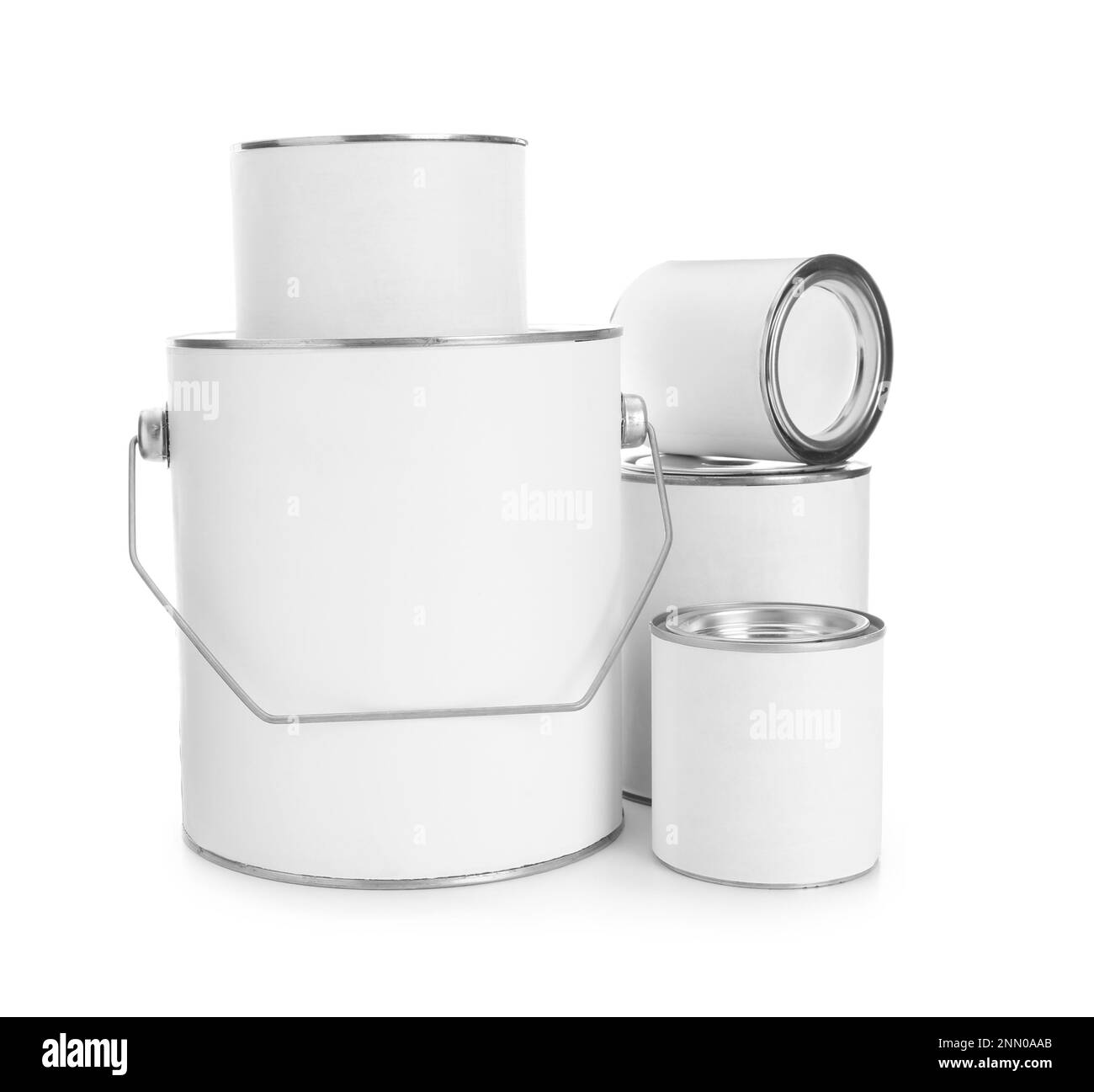 Set of blank paint cans isolated on white Stock Photo - Alamy