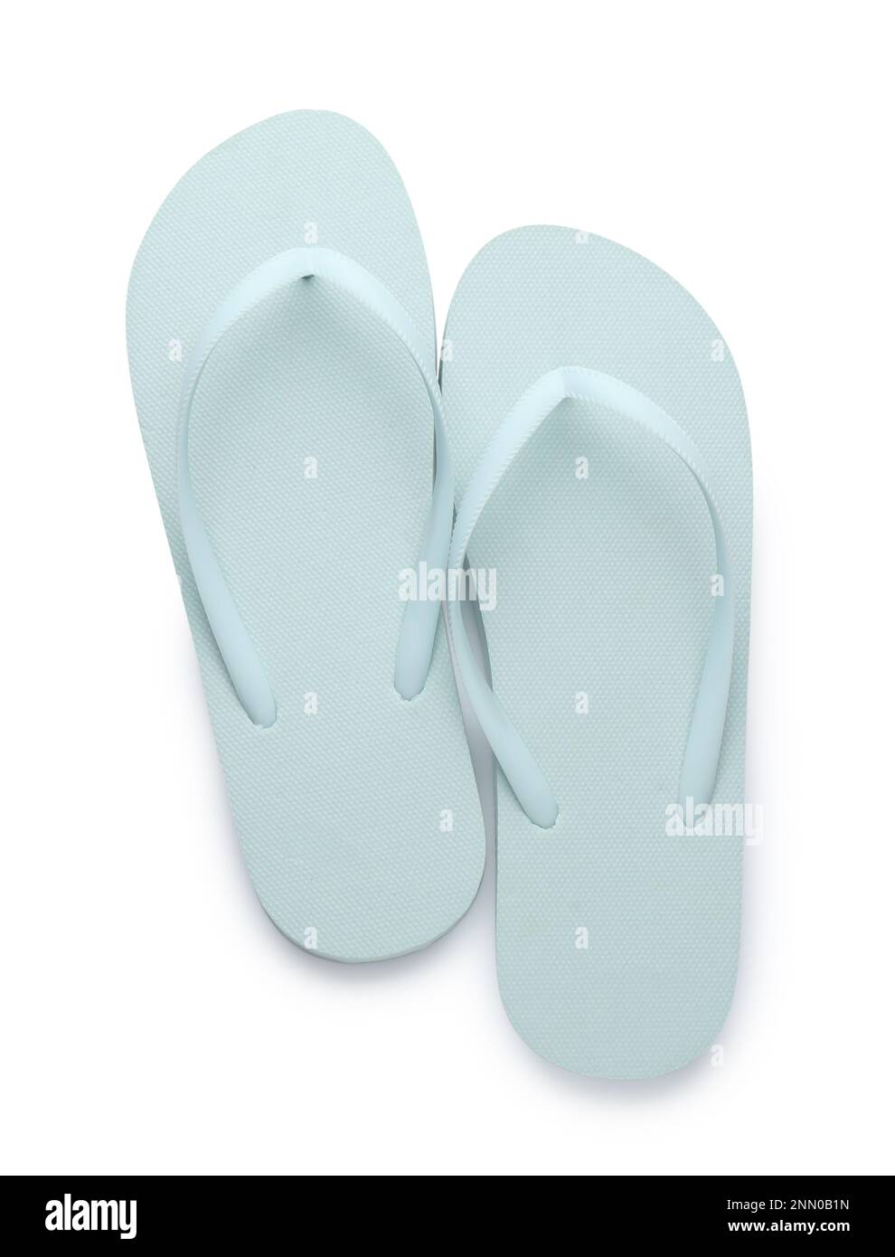 Stylish light blue flip flops on white background, top view. Beach ...