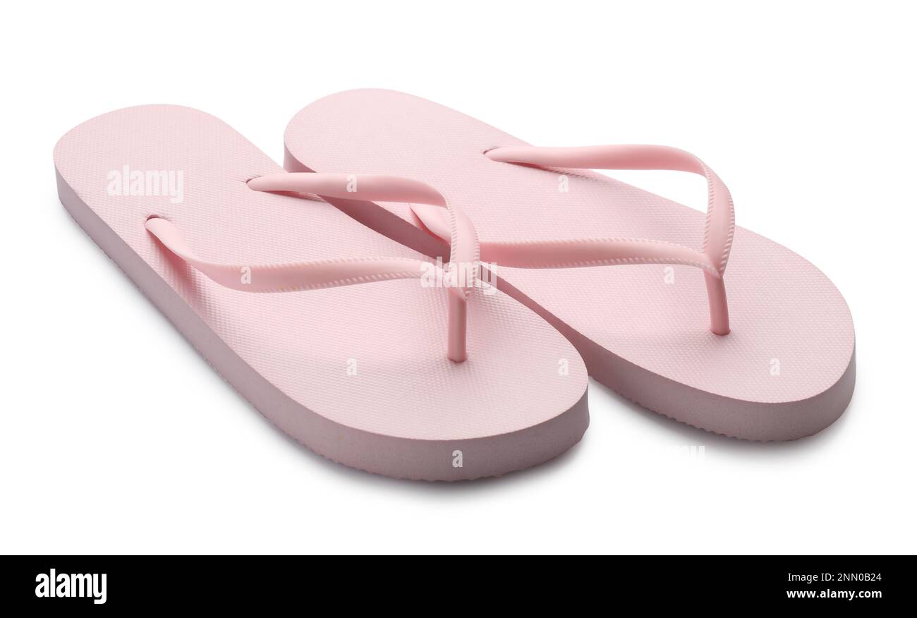 Stylish pink flip flops on white background. Beach object Stock Photo ...