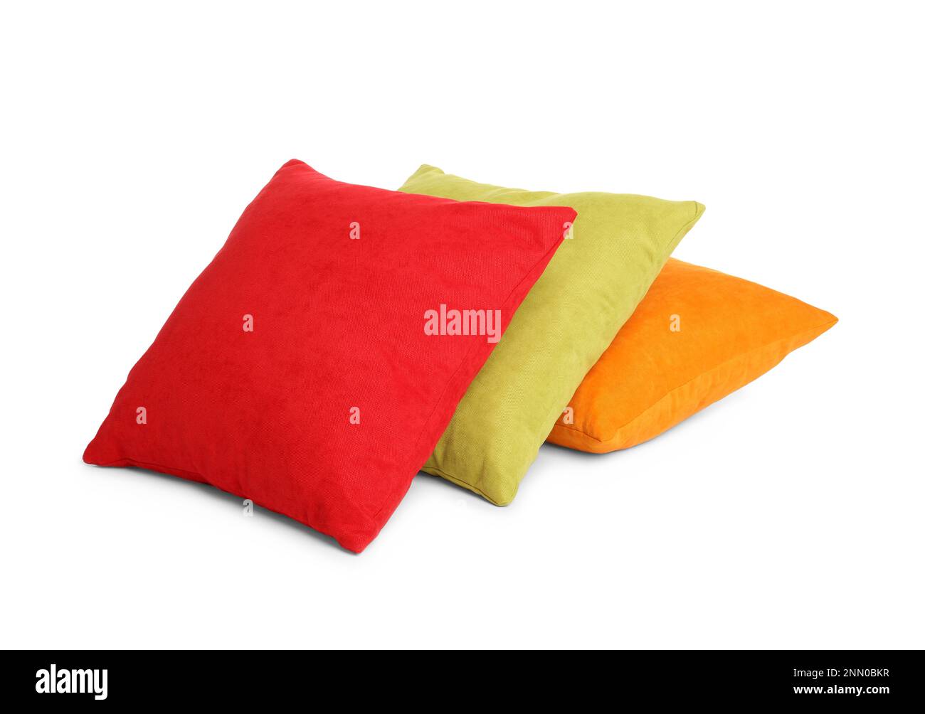 Different colorful decorative pillows on white background Stock Photo