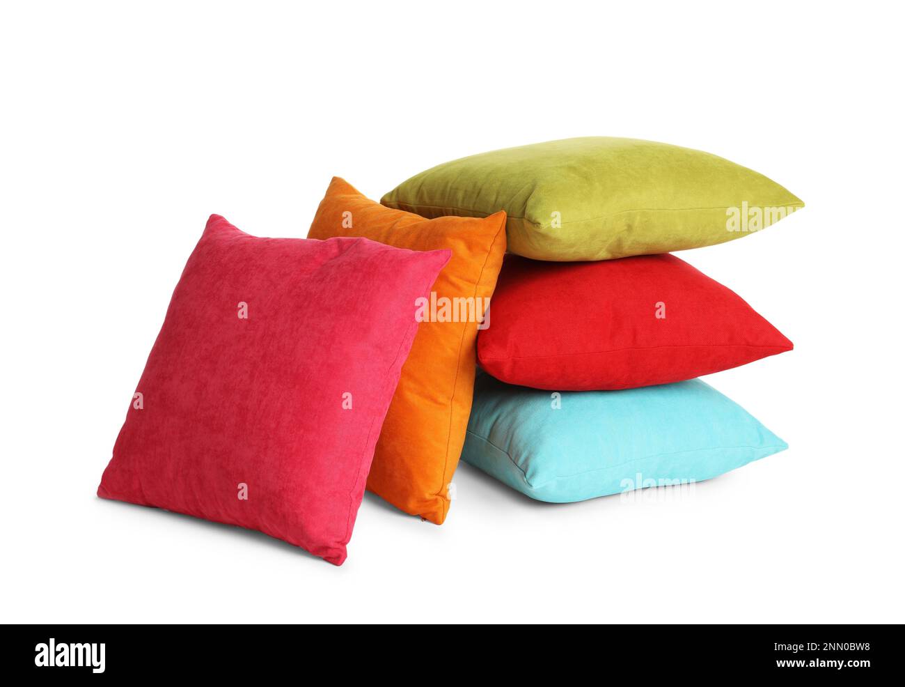 Different colorful decorative pillows on white background Stock Photo