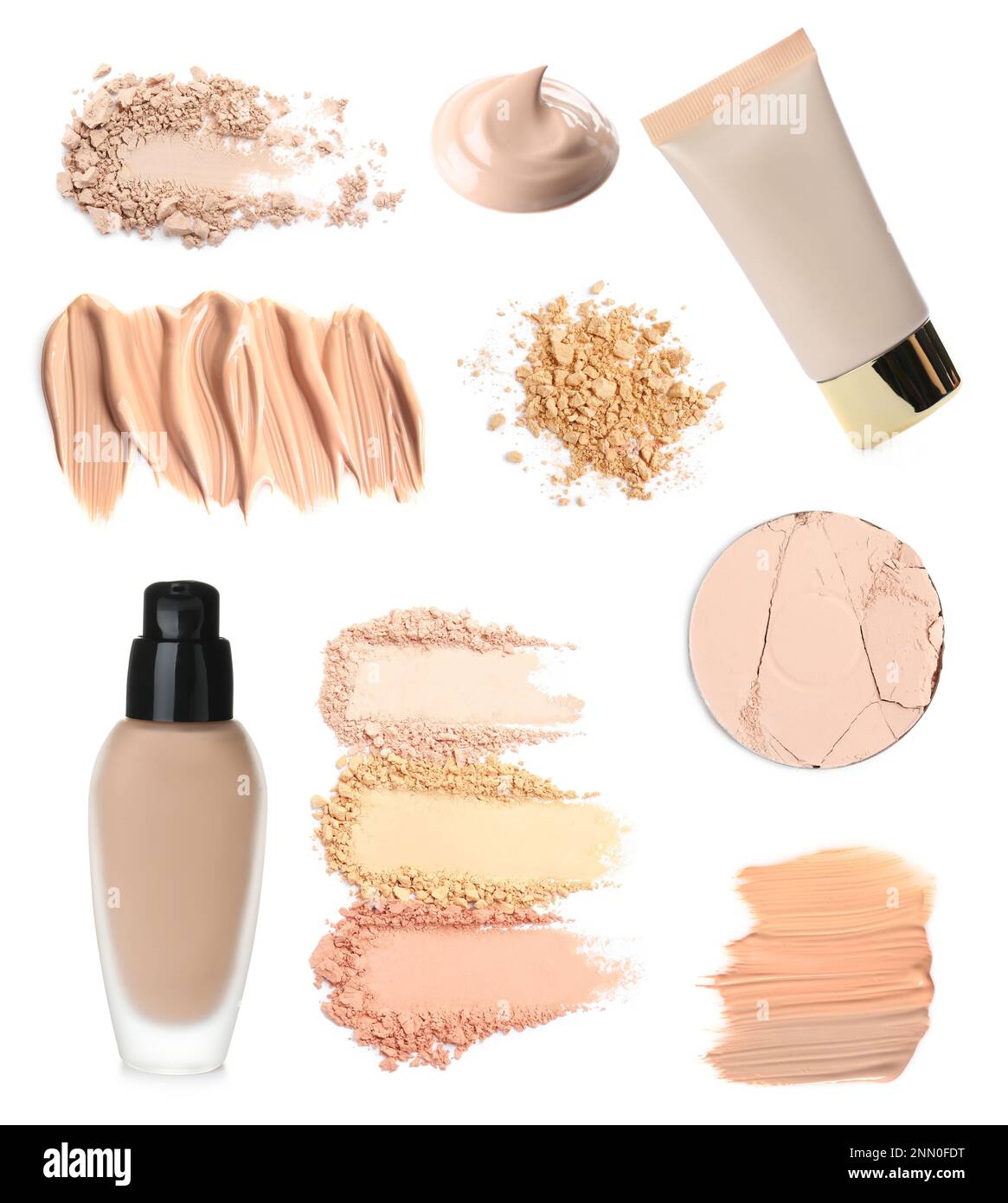 Set with different liquid foundation and face powder on white background Stock Photo Alamy