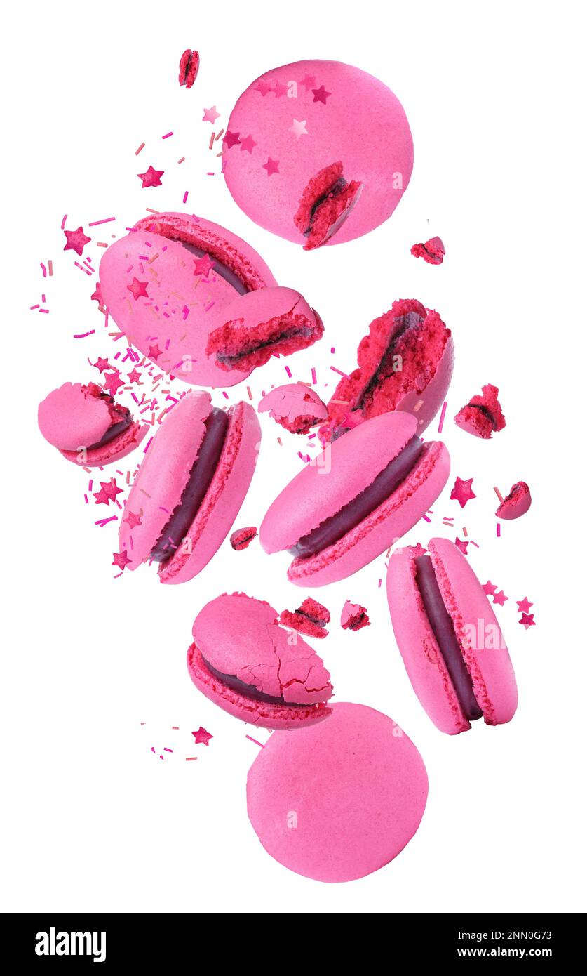 Sweet delicious macarons flying on white background Stock Photo