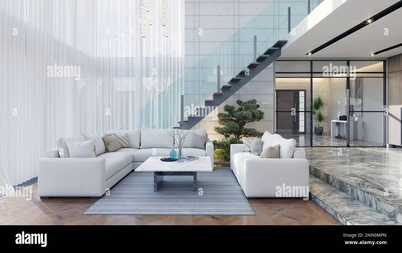 Modern living interior. 3d design concept illustration Stock Photo - Alamy