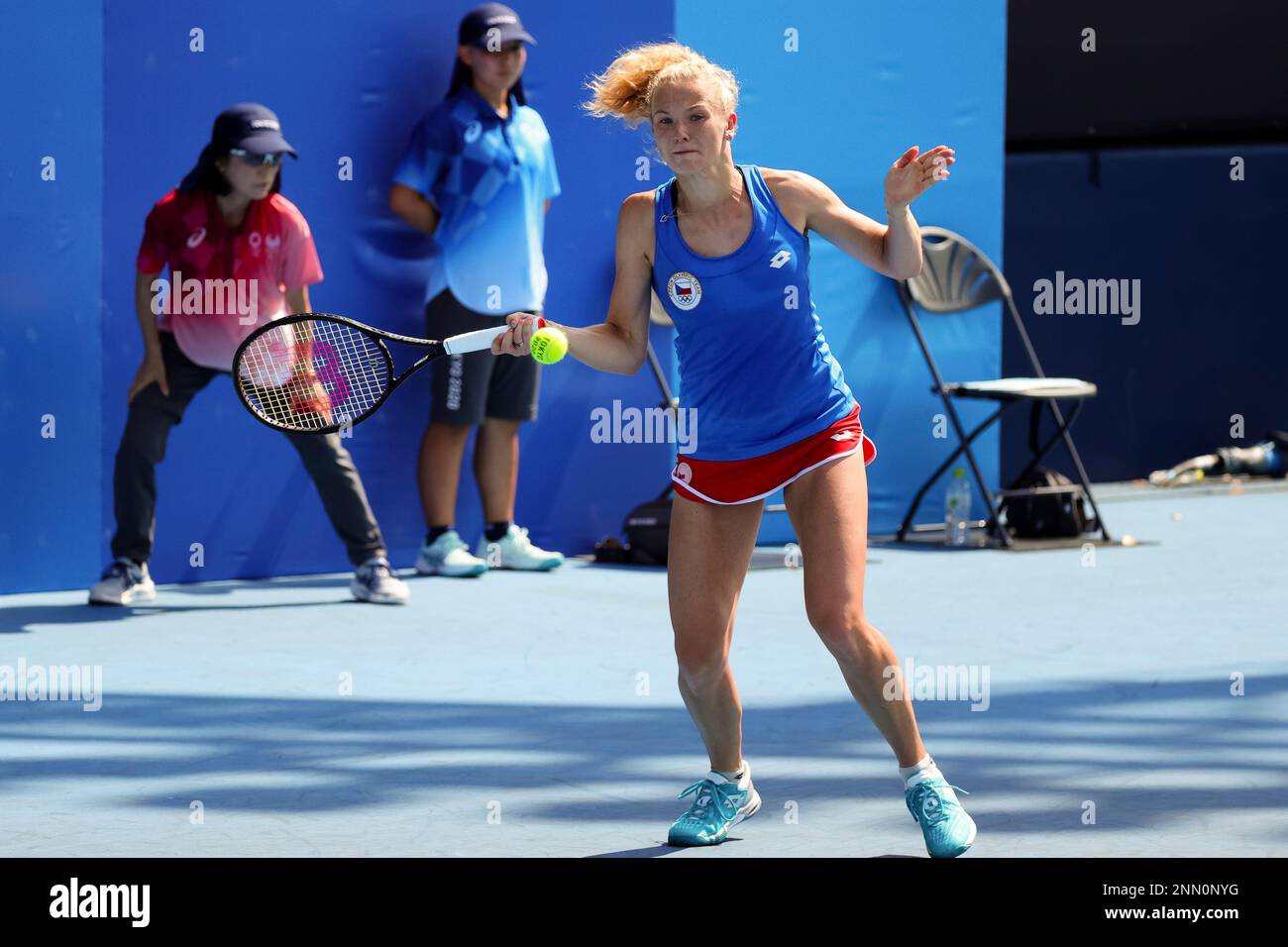 TOKYO, JAPAN JULY 28 Katerina Siniakova plays a shot during the