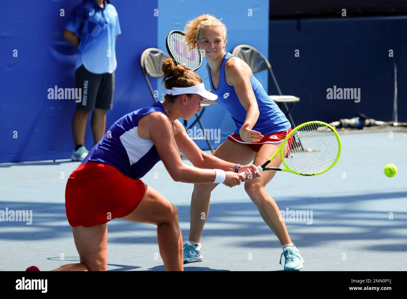 TOKYO, JAPAN JULY 28 Katerina Siniakova plays a shot during the