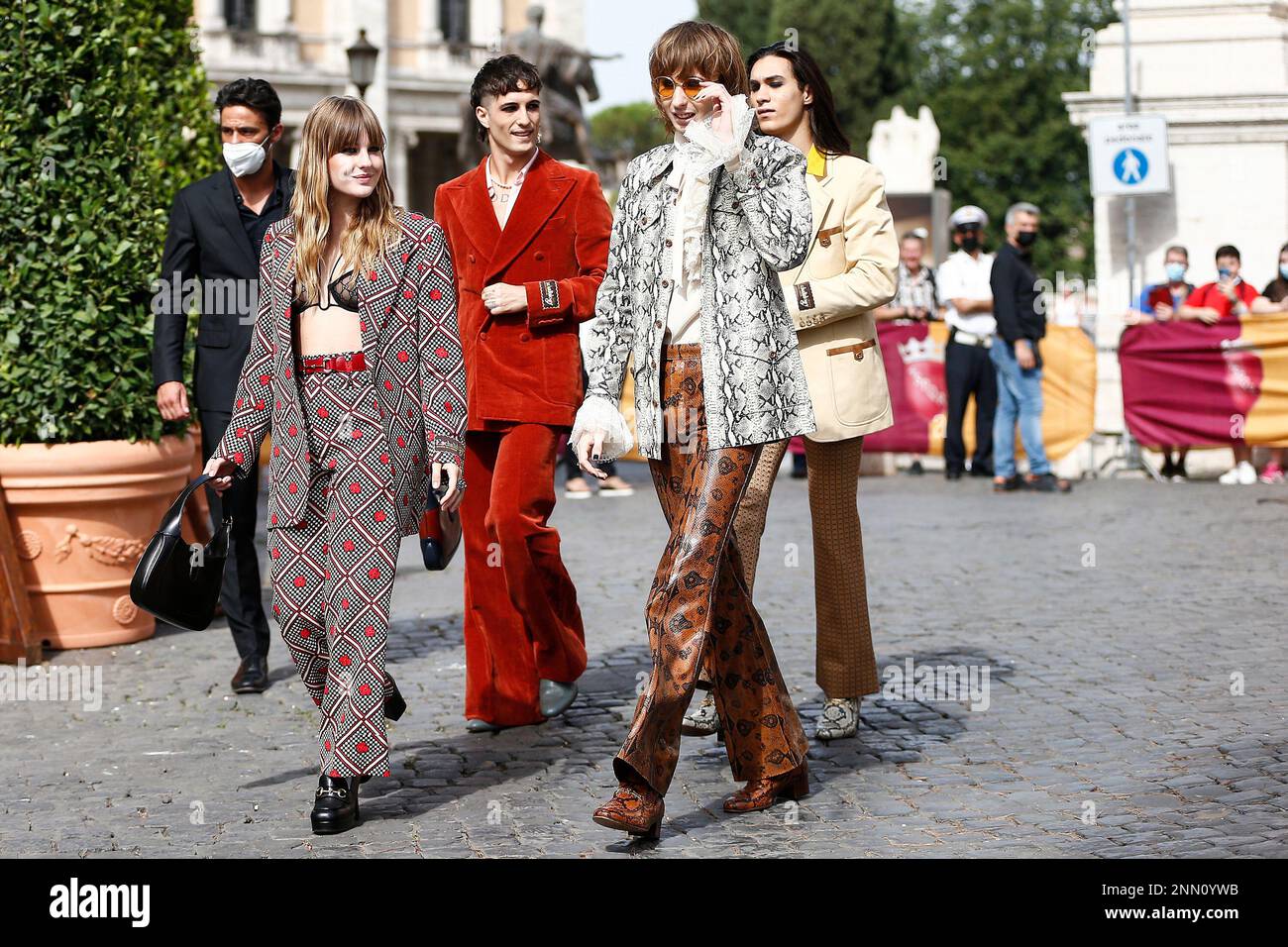 Members of the Maneskin band, from left. Victoria De Angelis, Damiano ...