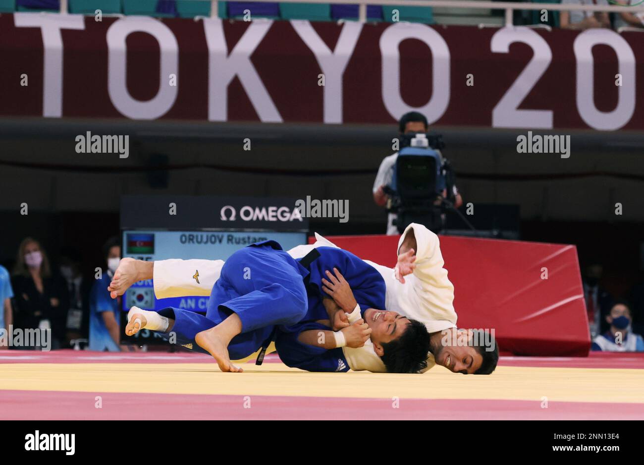 AN Changrim of Korea competes during Judo mens -73kg contest for bronze medal against ORUJOV Rustam of Azerbaijan at Nippon Budokan in Tokyo on July 26, 2021