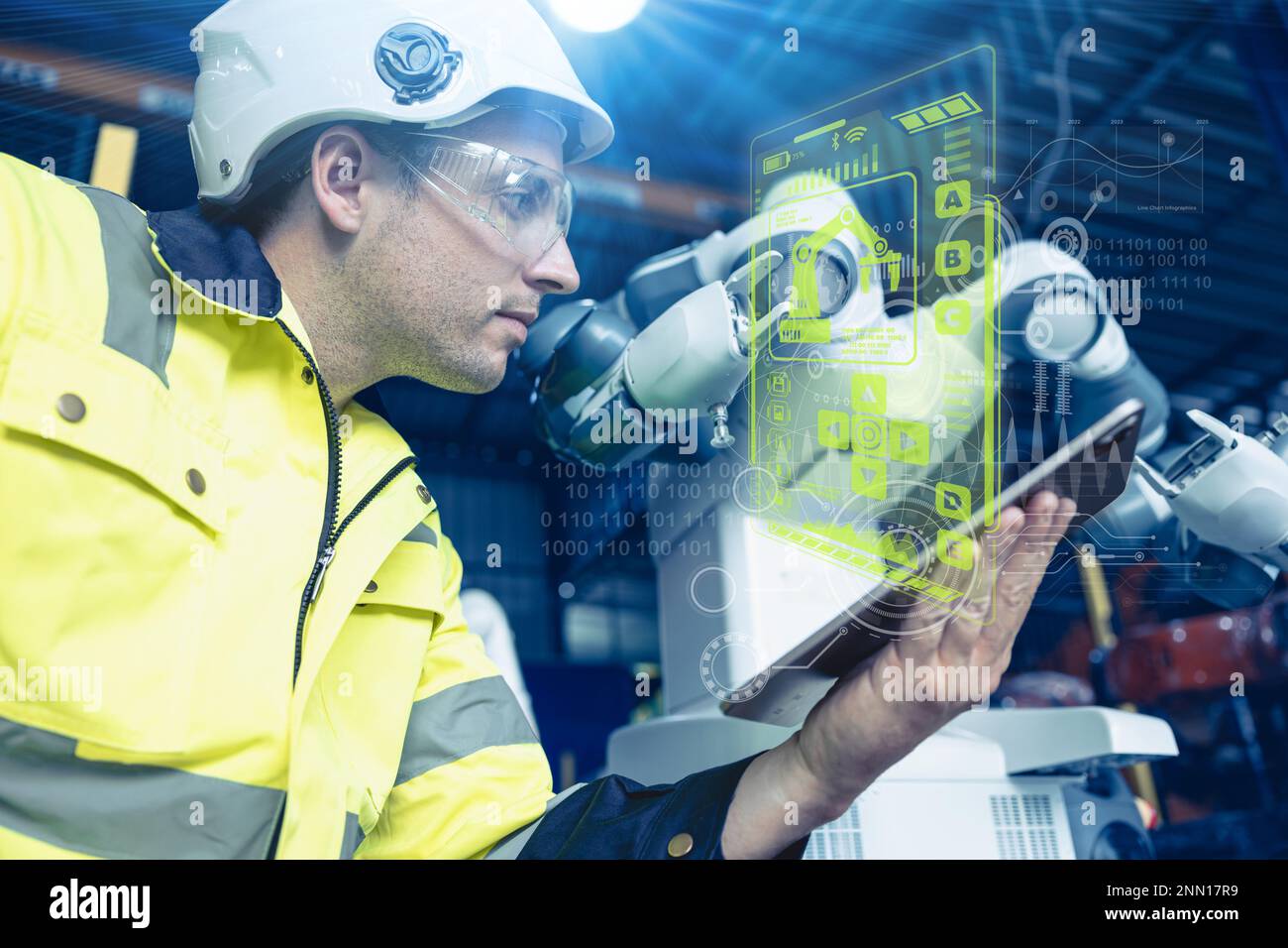 engineer male control operate advanced technology robotic in automation factory industry concept visual hologram effect Stock Photo