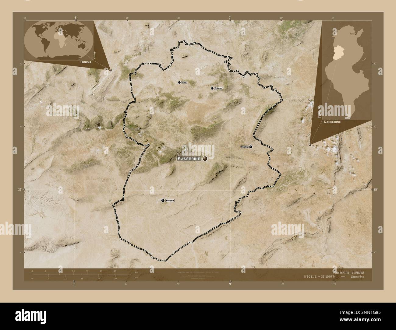 Kasserine Governorate Of Tunisia Low Resolution Satellite Map Kasserine Governorate Of Tunisia Low Resolution Satellite Map Locations And Names Of Major Cities Of The Region Corner Auxiliary Location Maps 2NN1G85 
