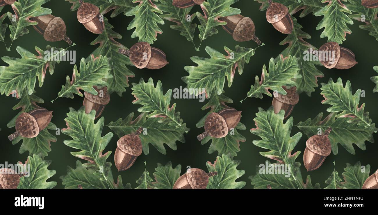 Acorn seamless watercolro autumn pattern hand drawn with oak leaves ...