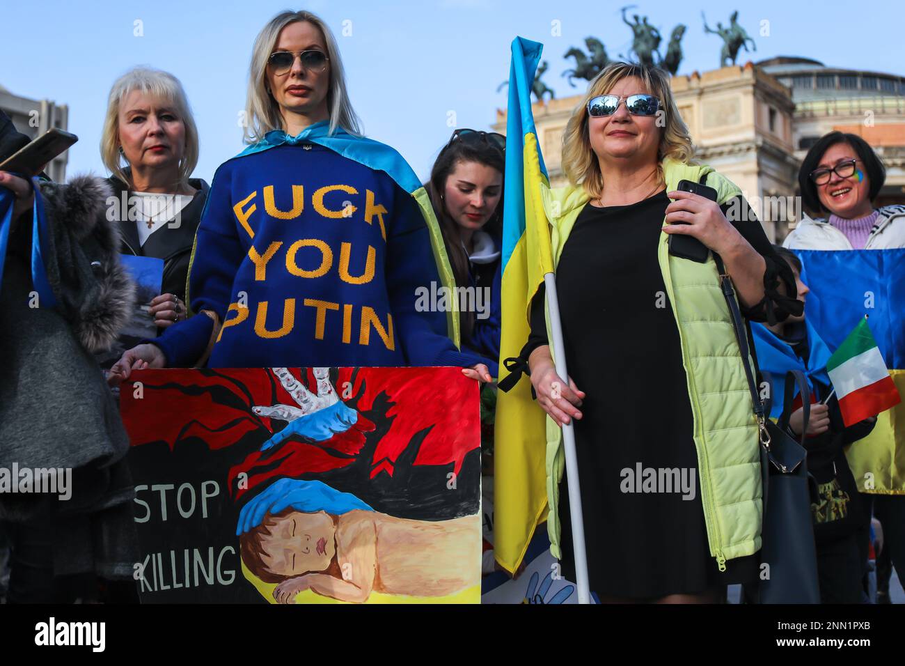 Demonstration in support of the Ukrainian people 1 year after Putin's invasion. Stock Photo