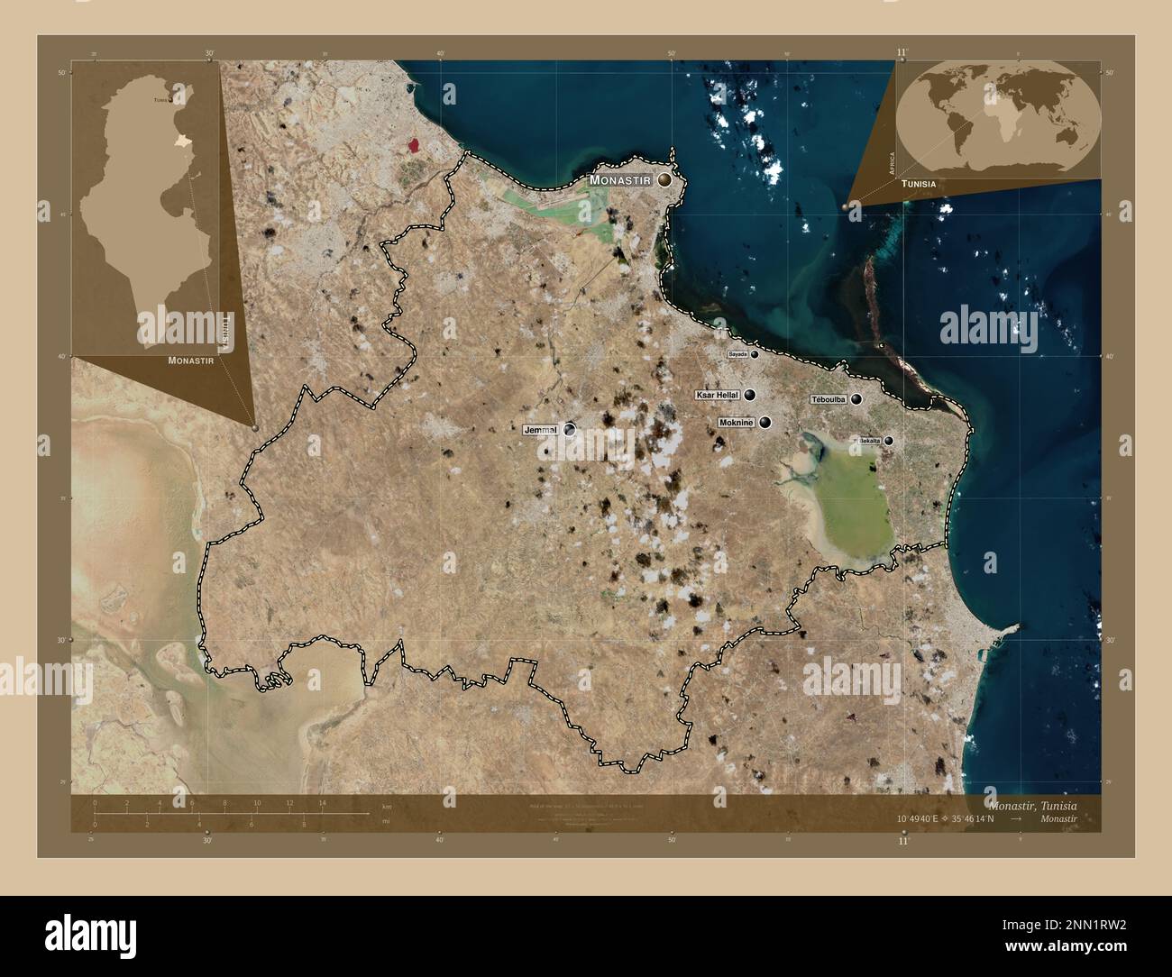 Monastir, governorate of Tunisia. Low resolution satellite map