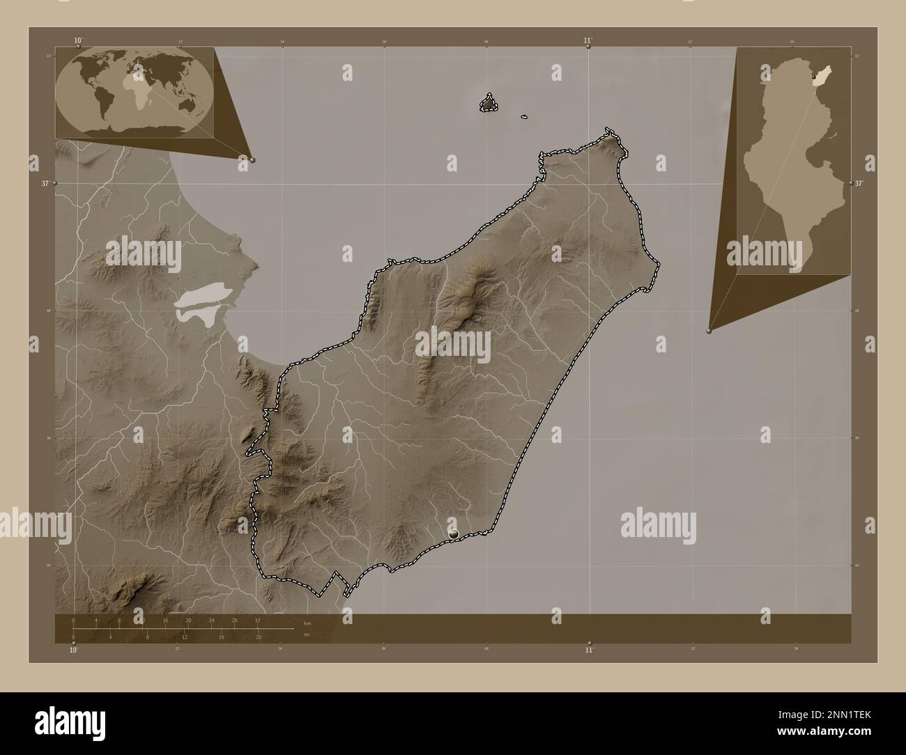 Nabeul, governorate of Tunisia. Elevation map colored in sepia tones with lakes and rivers. Corner auxiliary location maps Stock Photo