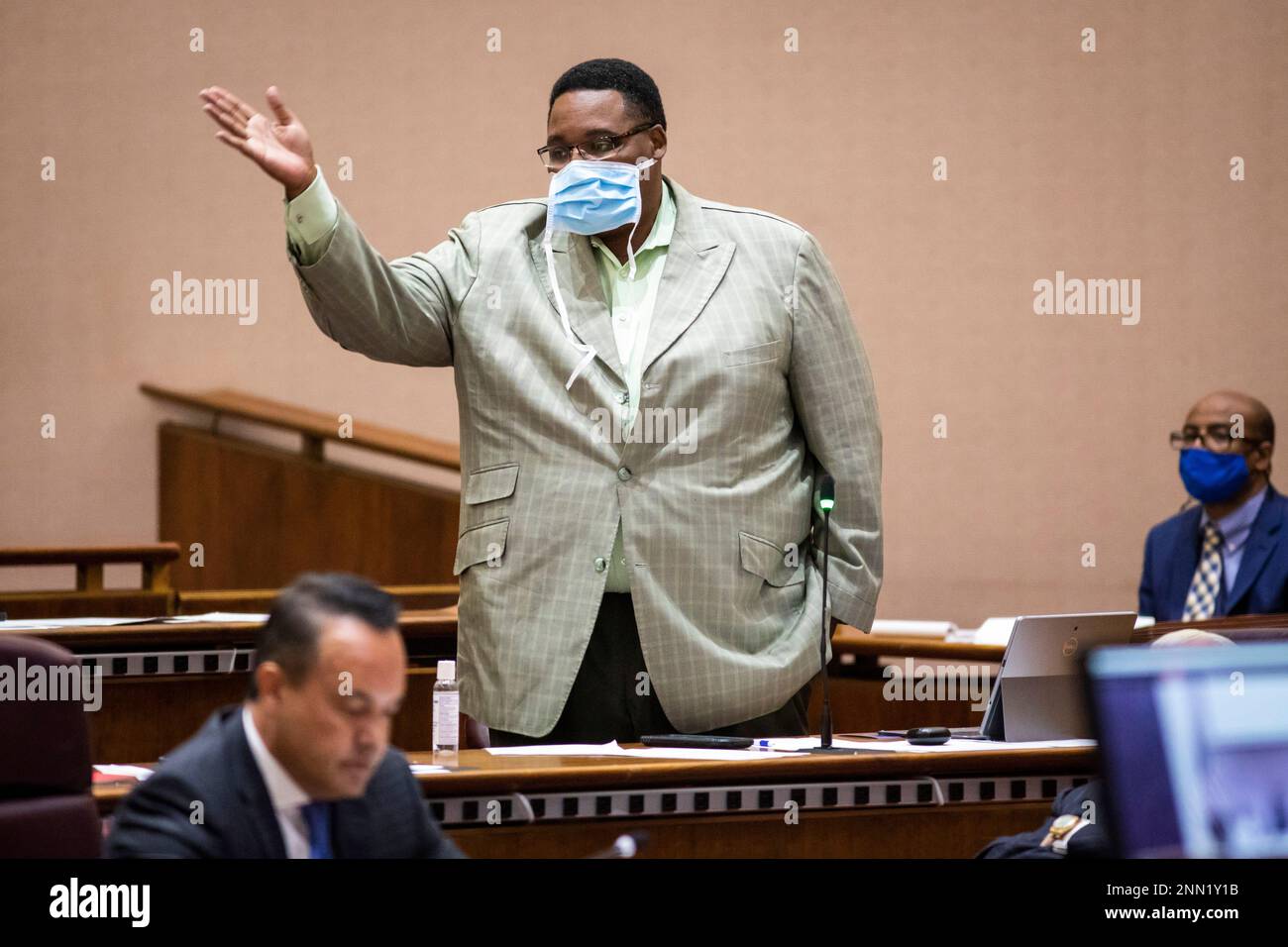 Alderman Jason Ervin of Chicago's 28th Ward speaks in support of a proposal for civilian oversight of the Chicago Police Department during a Chicago City Council meeting at City Hall, Wednesday, July 21, 2021. (Ashlee Rezin/Chicago Sun-Times via AP) Stock Photo