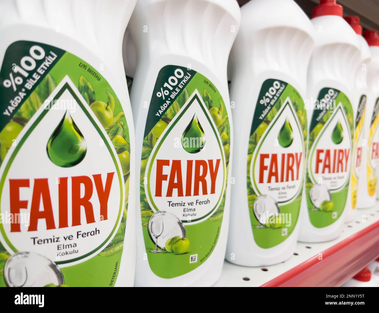 Yerevan, Armenia, Feruary 17, 2023 Fairy detergent logo on bottles of