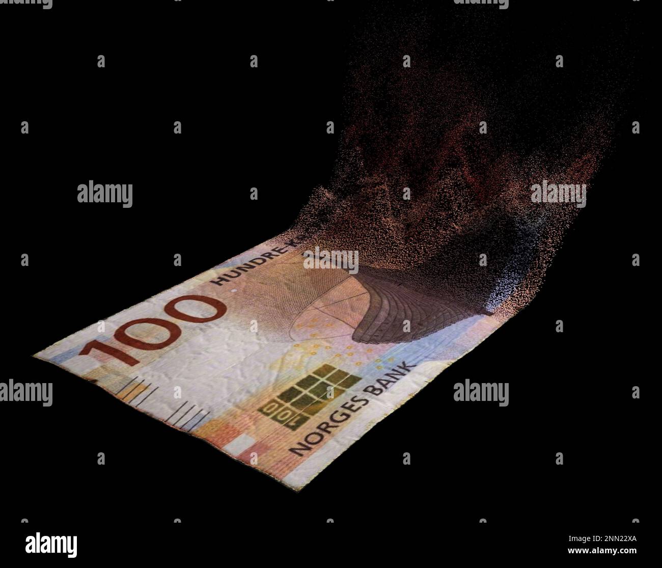 A concept image showing a half dissolved flat paper kroner bank note on a dark studio background - 3D render Stock Photo