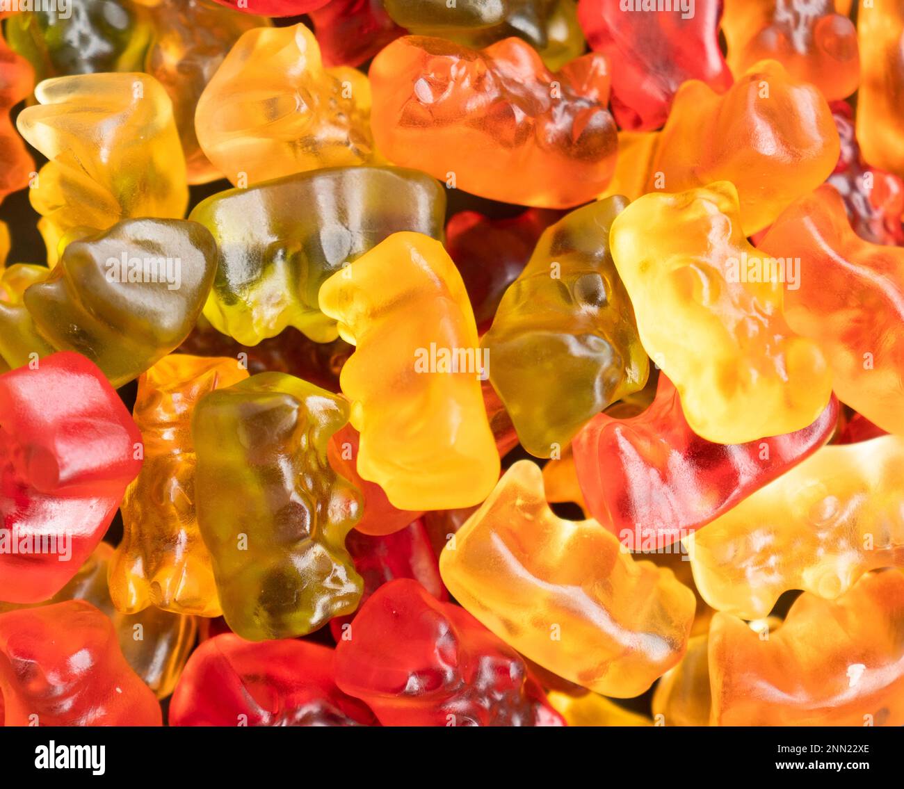 Macro shot assorted colorful gummy candies. Top view candy pattern