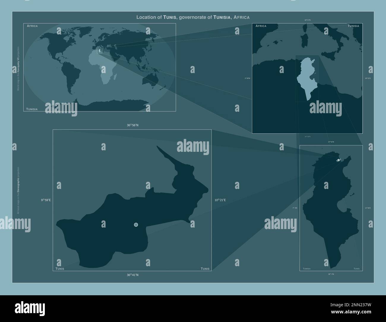 Tunis, governorate of Tunisia. Diagram showing the location of the region on largerscale maps