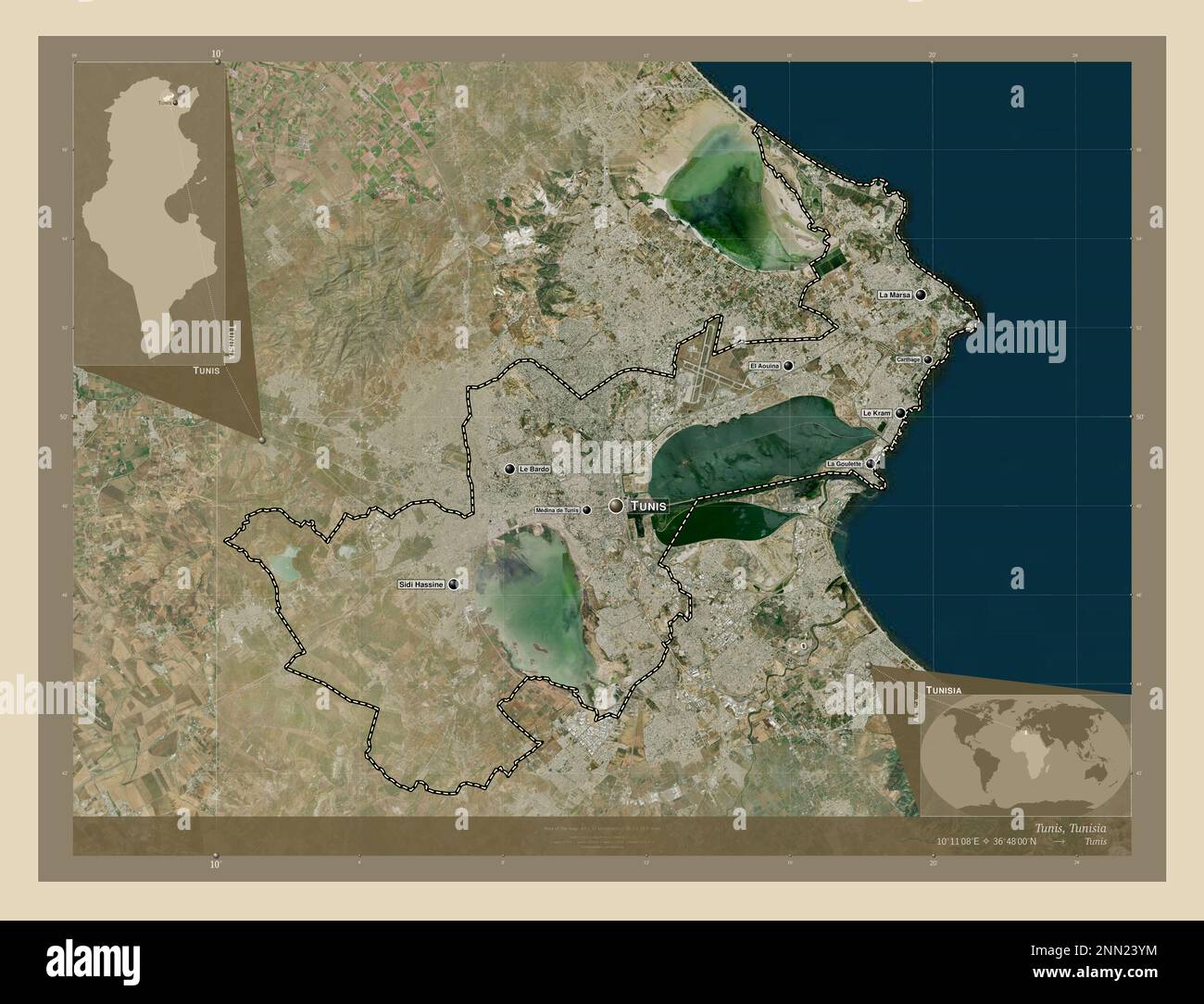 Tunis, governorate of Tunisia. High resolution satellite map. Locations and names of major