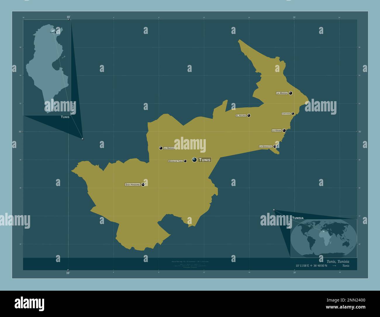 Tunis, governorate of Tunisia. Solid color shape. Locations and names of major cities of the