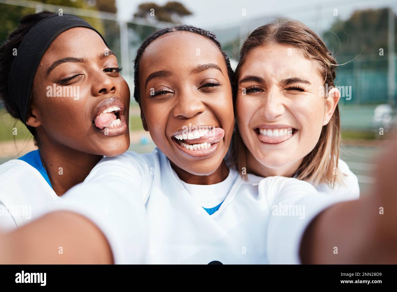 Black woman, friends and silly portrait for selfie, vlog or goofy