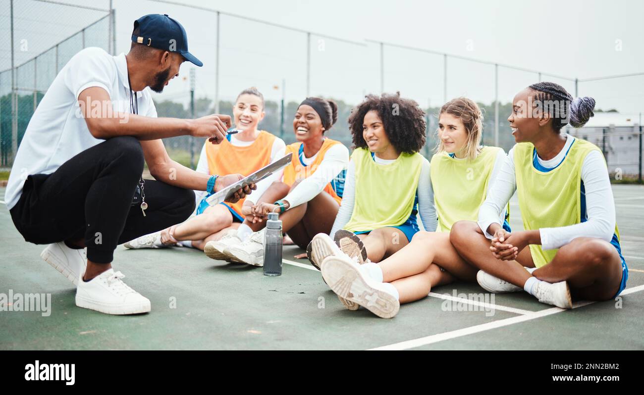 Netball strategy, happy sports team and coach planning game plan