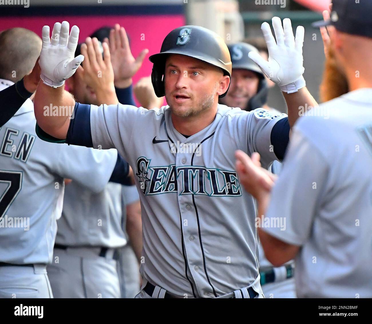 ANAHEIM, CA - JULY 16: Kyle Seager (15) is congratulated after he