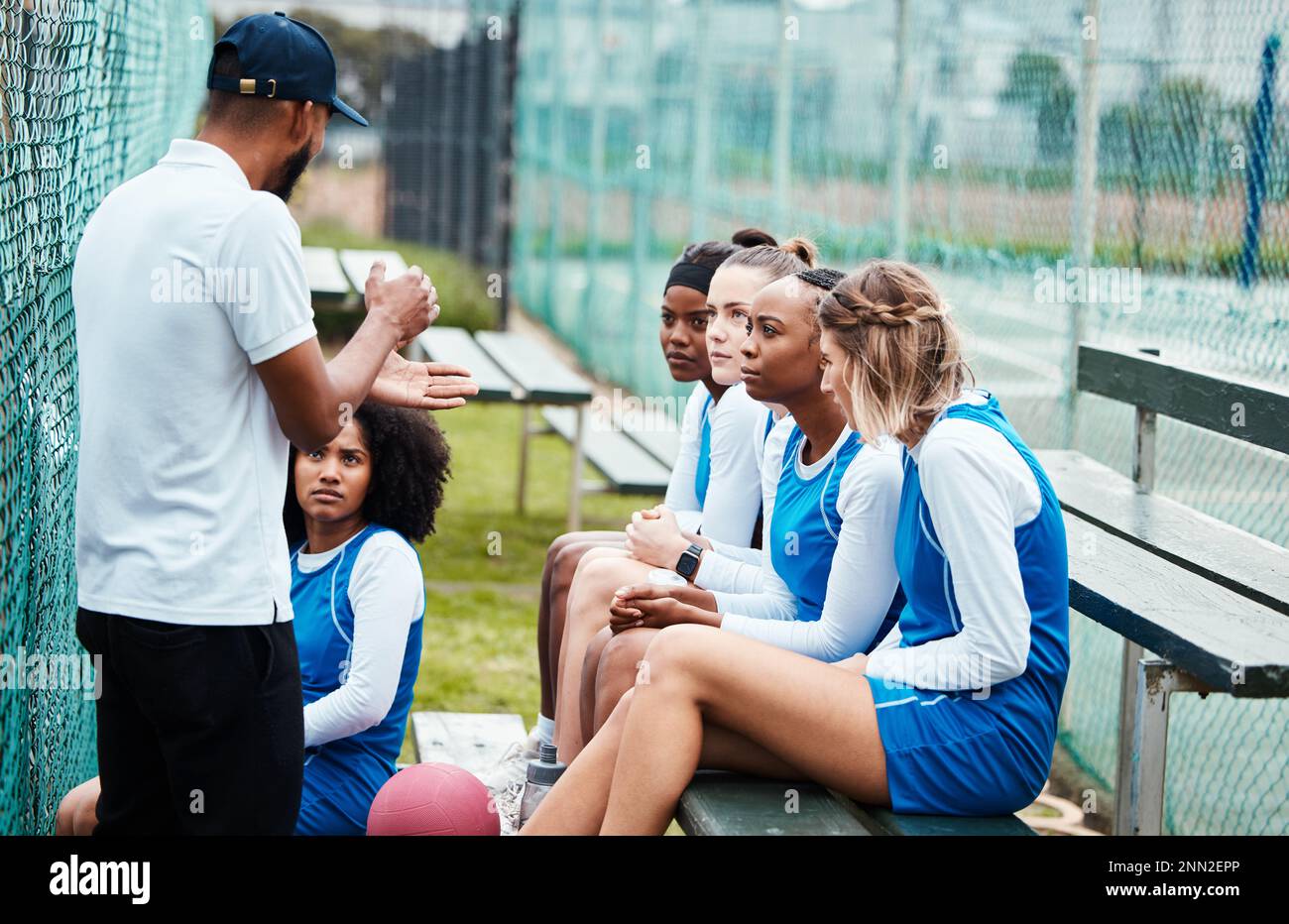 Netball bench, sports team and strategy coach planning game plan