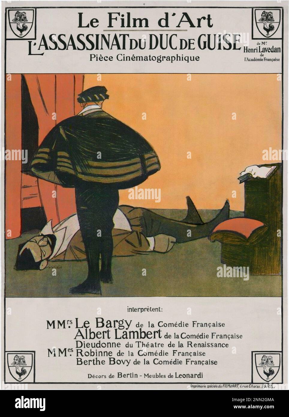 L' ASSASSINAT DU DUC DE GUISE (1908), directed by ANDRÉ CALMETTES and CHARLES LE LE BARGY. Cartel de 'L'ASSASSINAT DU DUC DE GUISE' (El asesinato del duque de Guise), una película de 'Le Film d'Art' 1908. Le Film d'Art. Credit: Le Film d'Art / Album Stock Photo
