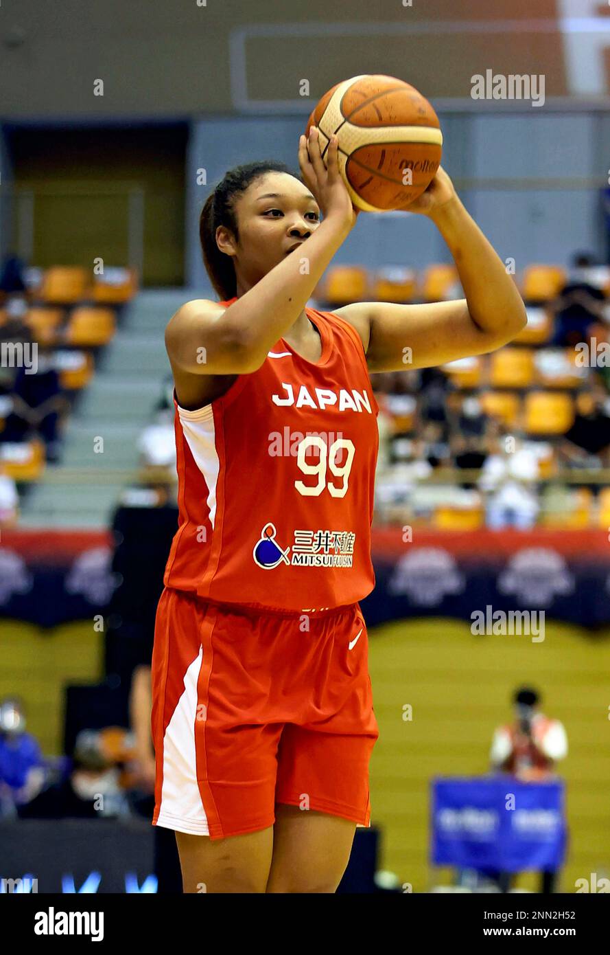 Japan's national team Monica Okoye scores a three- point during the second  quarter of the international friendly match against Belguim at Saiden  Chemical Arena in Saitama Prefecture on July 15, 2021. Japan