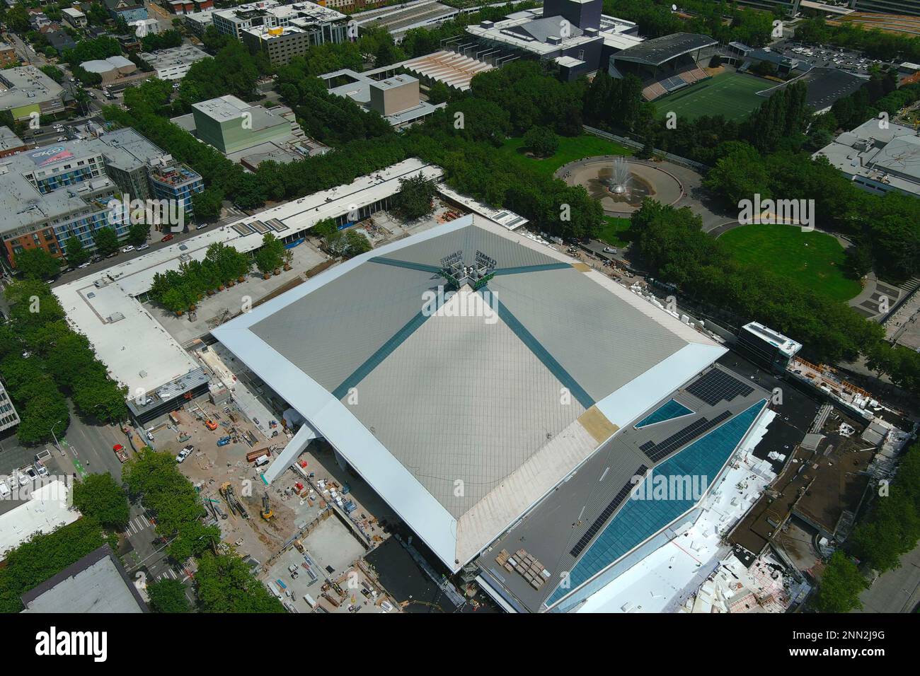 An aerial view of the Climate Pledge Arena renovation, Wednesday, July ...